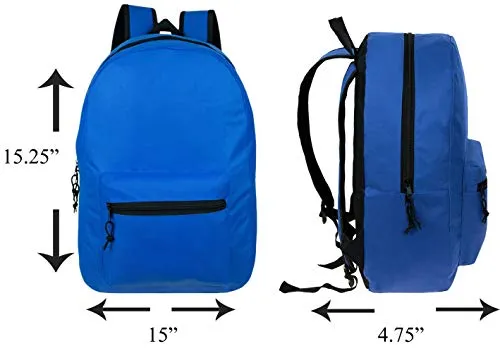 15" Wholesale Classic Basic Backpack in 6 Assorted Colors - Bulk Case of 24 Bookbags