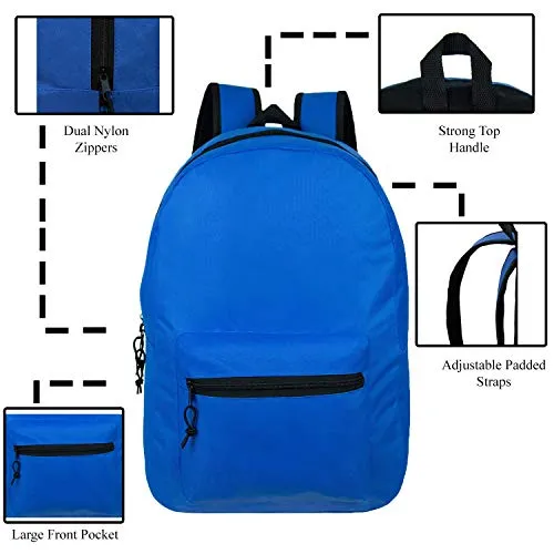 15" Wholesale Classic Basic Backpack in 6 Assorted Colors - Bulk Case of 24 Bookbags