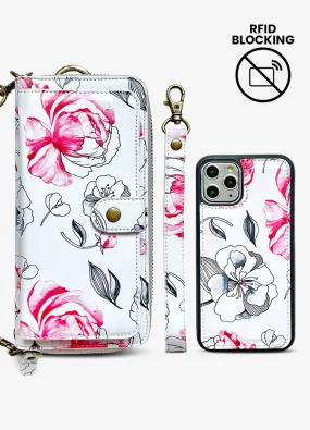 2-in-1 RFID Crossbody Wallet Phone Case in Black & Pink Floral