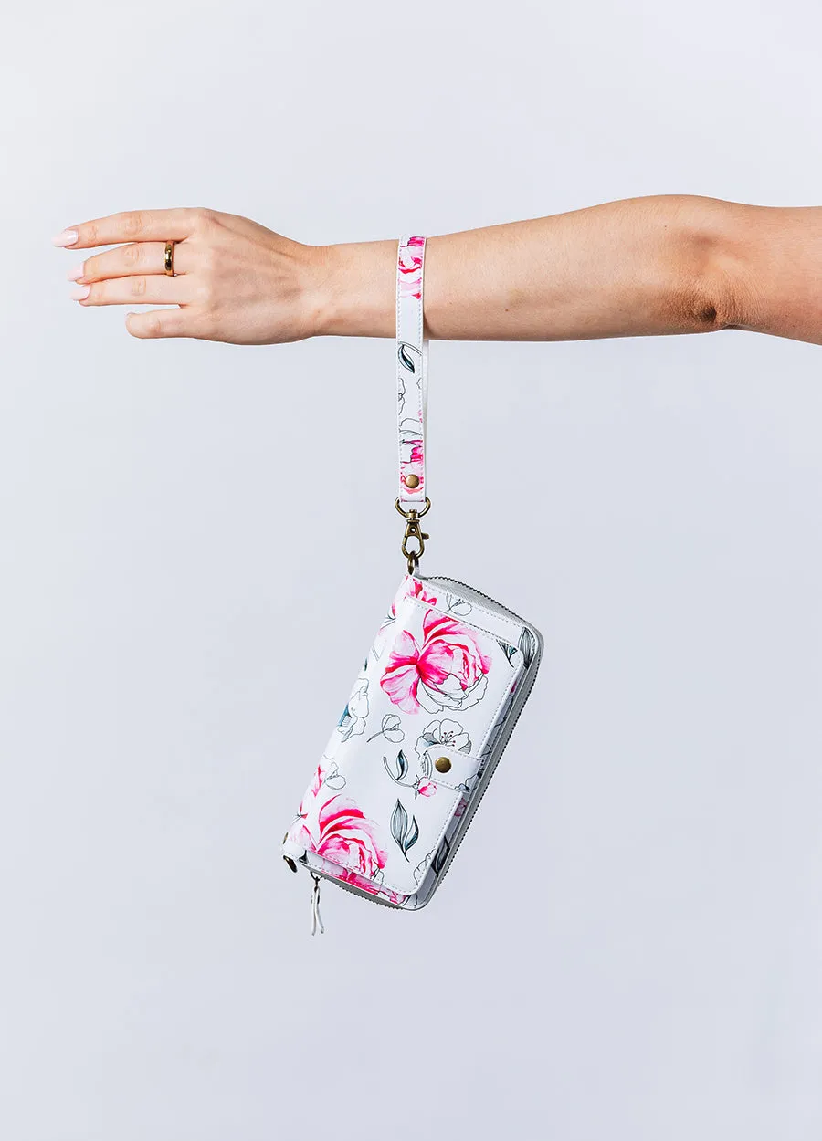 2-in-1 RFID Crossbody Wallet Phone Case in Black & Pink Floral