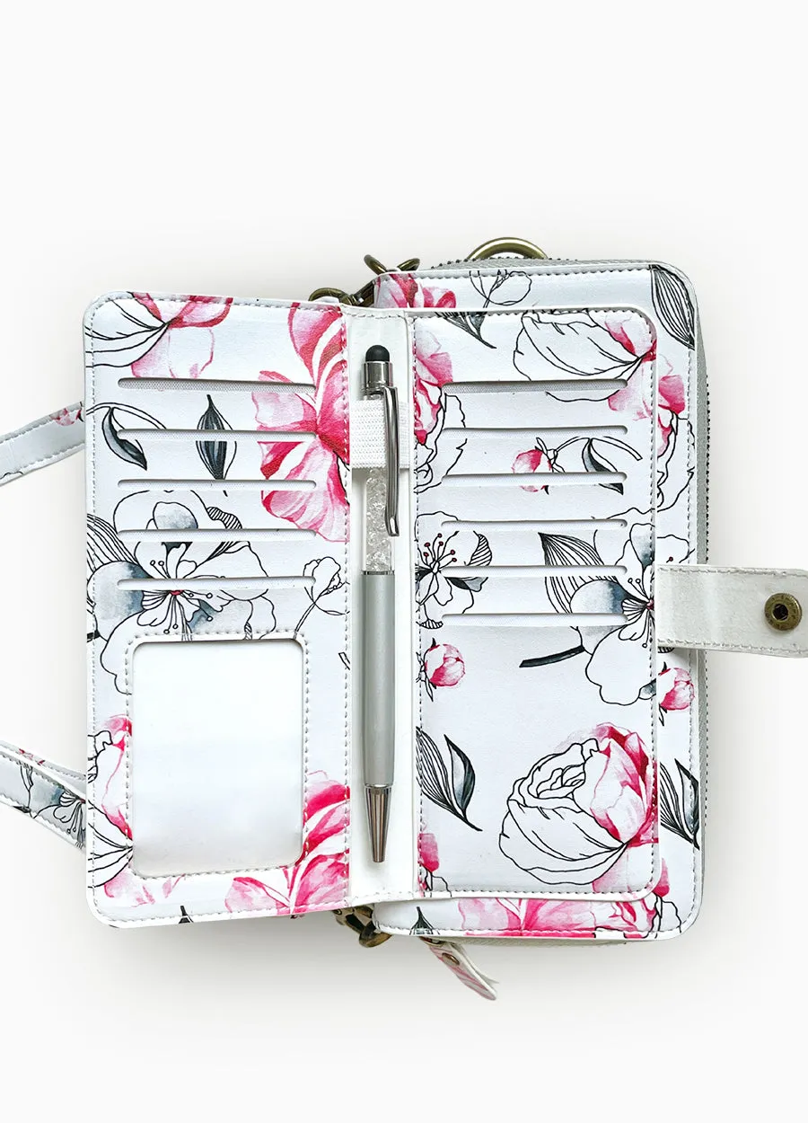 2-in-1 RFID Crossbody Wallet Phone Case in Black & Pink Floral