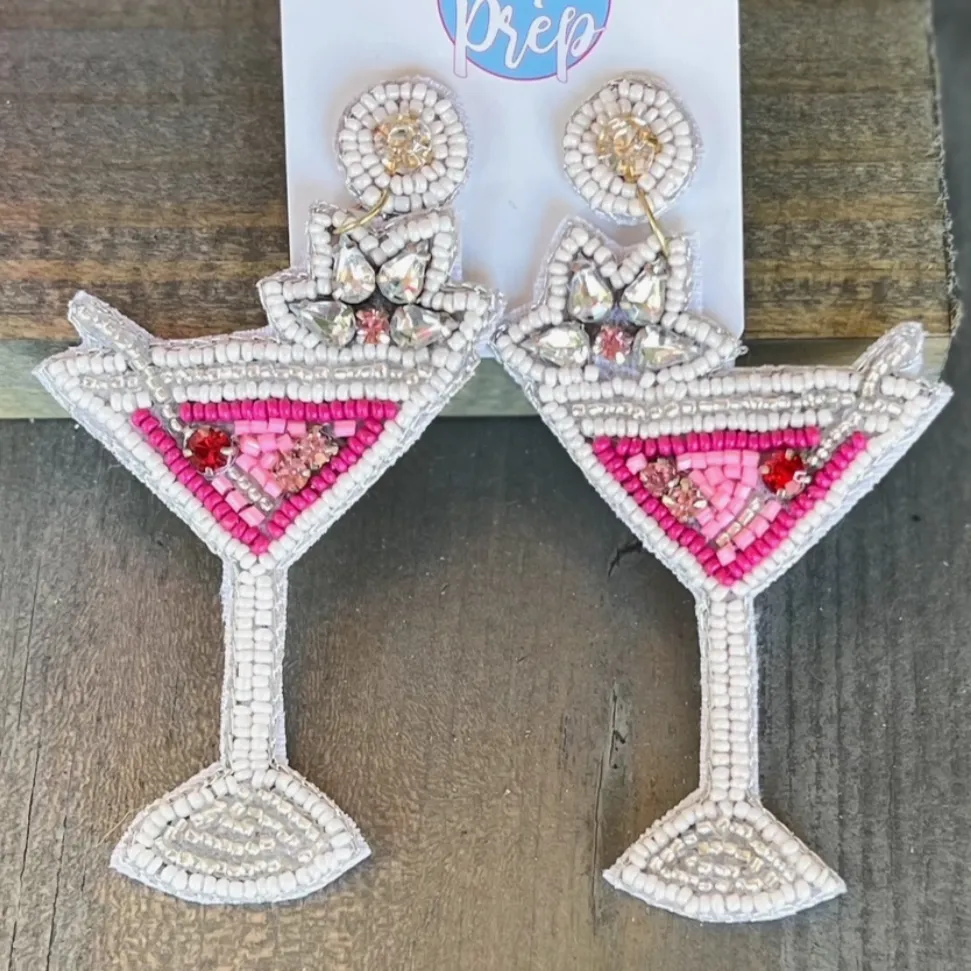 5 O'Clock Somewhere Pink Martini Seed Beaded Drop Earrings