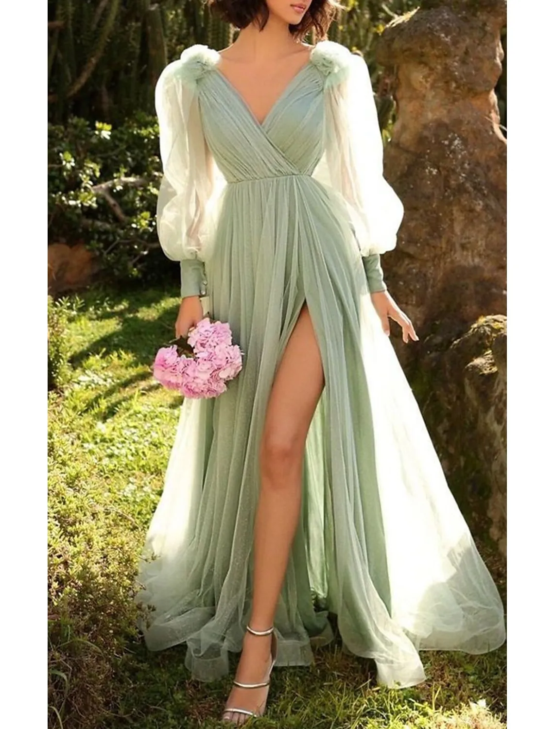 A-Line Evening Gown Elegant Dress Wedding Guest Summer Court Train Long Sleeve V Neck Tulle with Pleats Slit