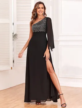 A-Line Evening Gown Empire Dress Evening Party Party Wear Floor Length Long Sleeve One Shoulder Chiffon with Glitter Slit