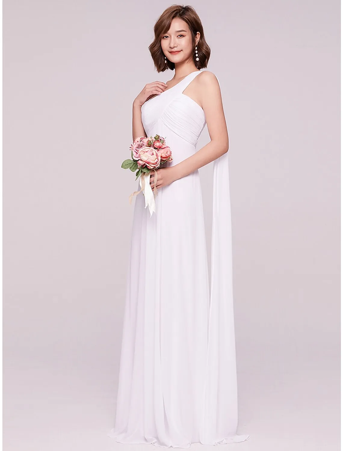 A-Line Evening Gown Empire Dress Formal Evening Floor Length Sleeveless One Shoulder Bridesmaid Dress Chiffon Backless with Pleats Draping