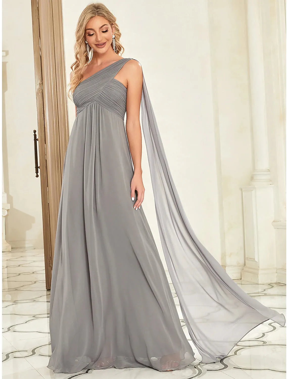 A-Line Evening Gown Empire Dress Formal Evening Floor Length Sleeveless One Shoulder Bridesmaid Dress Chiffon Backless with Pleats Draping