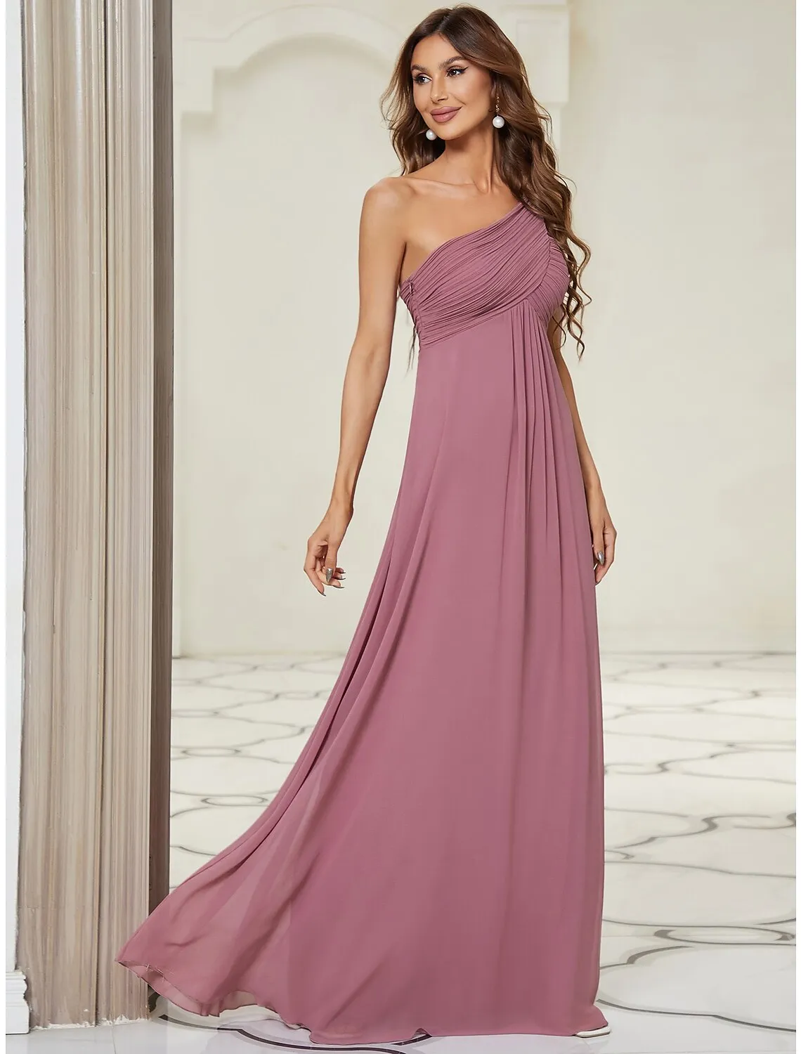 A-Line Evening Gown Empire Dress Formal Evening Floor Length Sleeveless One Shoulder Bridesmaid Dress Chiffon Backless with Pleats Draping