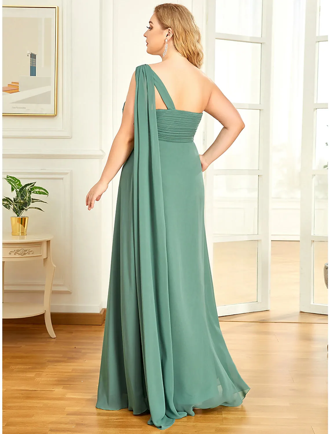 A-Line Evening Gown Empire Dress Formal Evening Floor Length Sleeveless One Shoulder Bridesmaid Dress Chiffon Backless with Pleats Draping