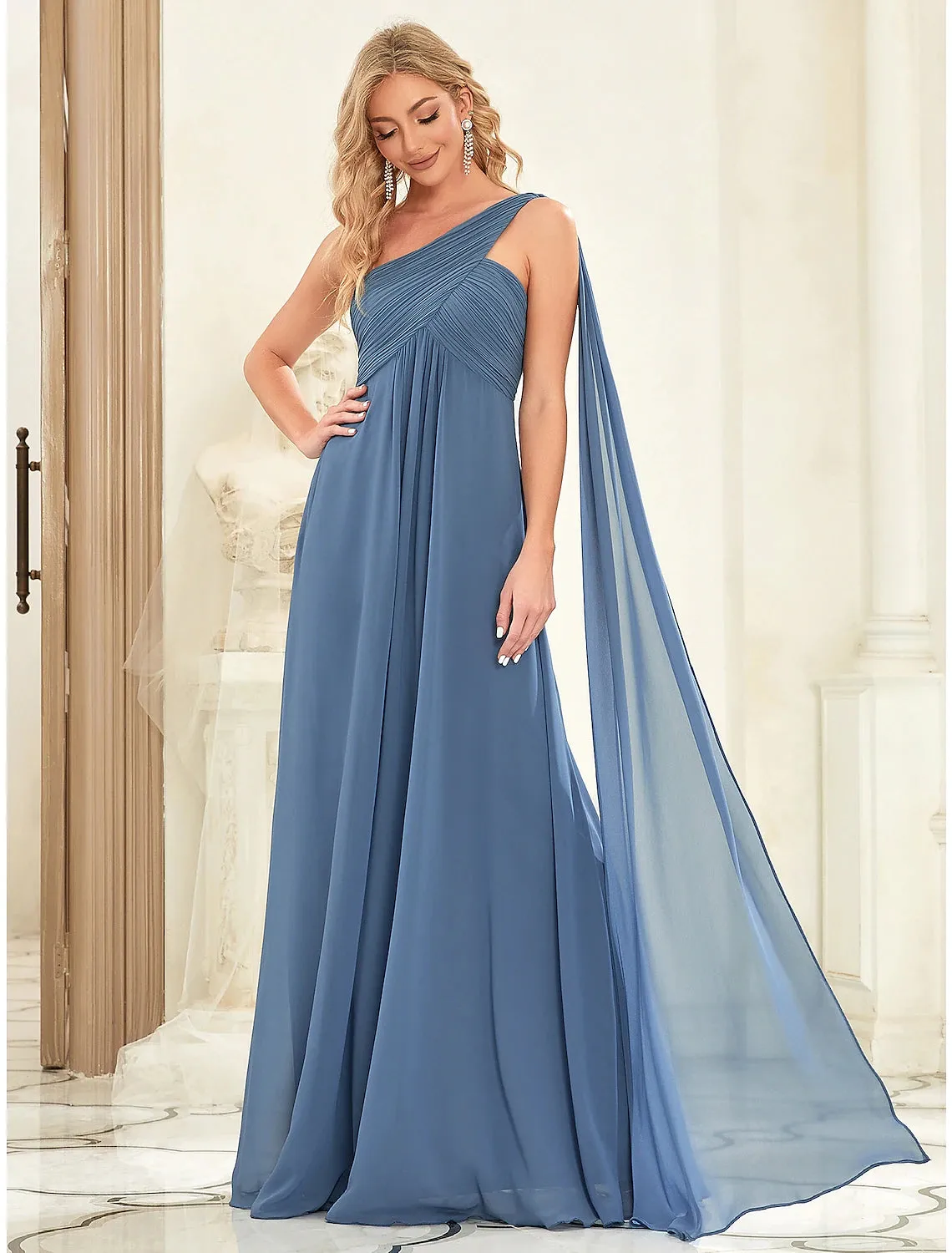 A-Line Evening Gown Empire Dress Formal Evening Floor Length Sleeveless One Shoulder Bridesmaid Dress Chiffon Backless with Pleats Draping