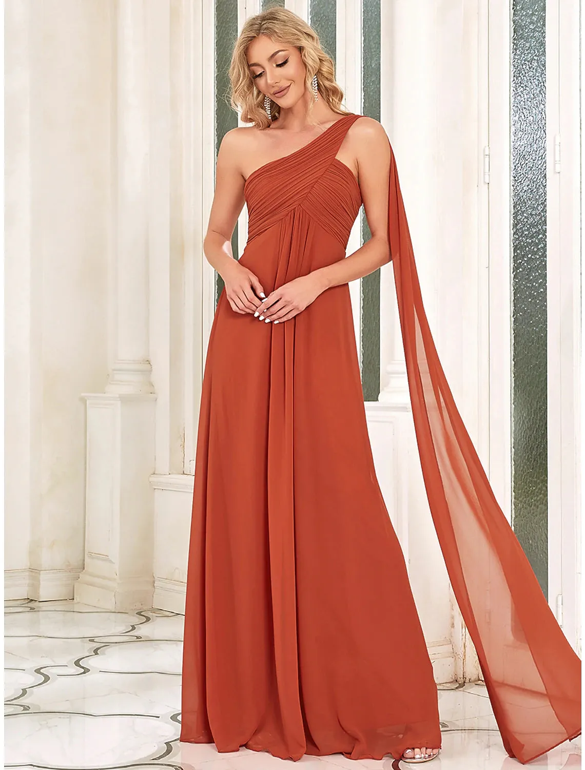 A-Line Evening Gown Empire Dress Formal Evening Floor Length Sleeveless One Shoulder Bridesmaid Dress Chiffon Backless with Pleats Draping