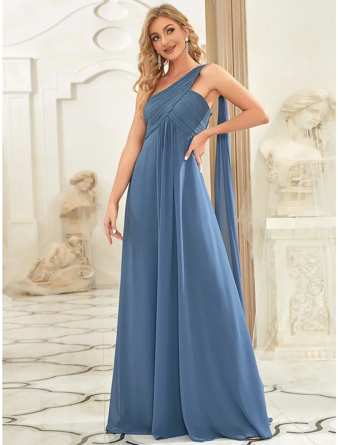 A-Line Evening Gown Empire Dress Formal Evening Floor Length Sleeveless One Shoulder Bridesmaid Dress Chiffon Backless with Pleats Draping