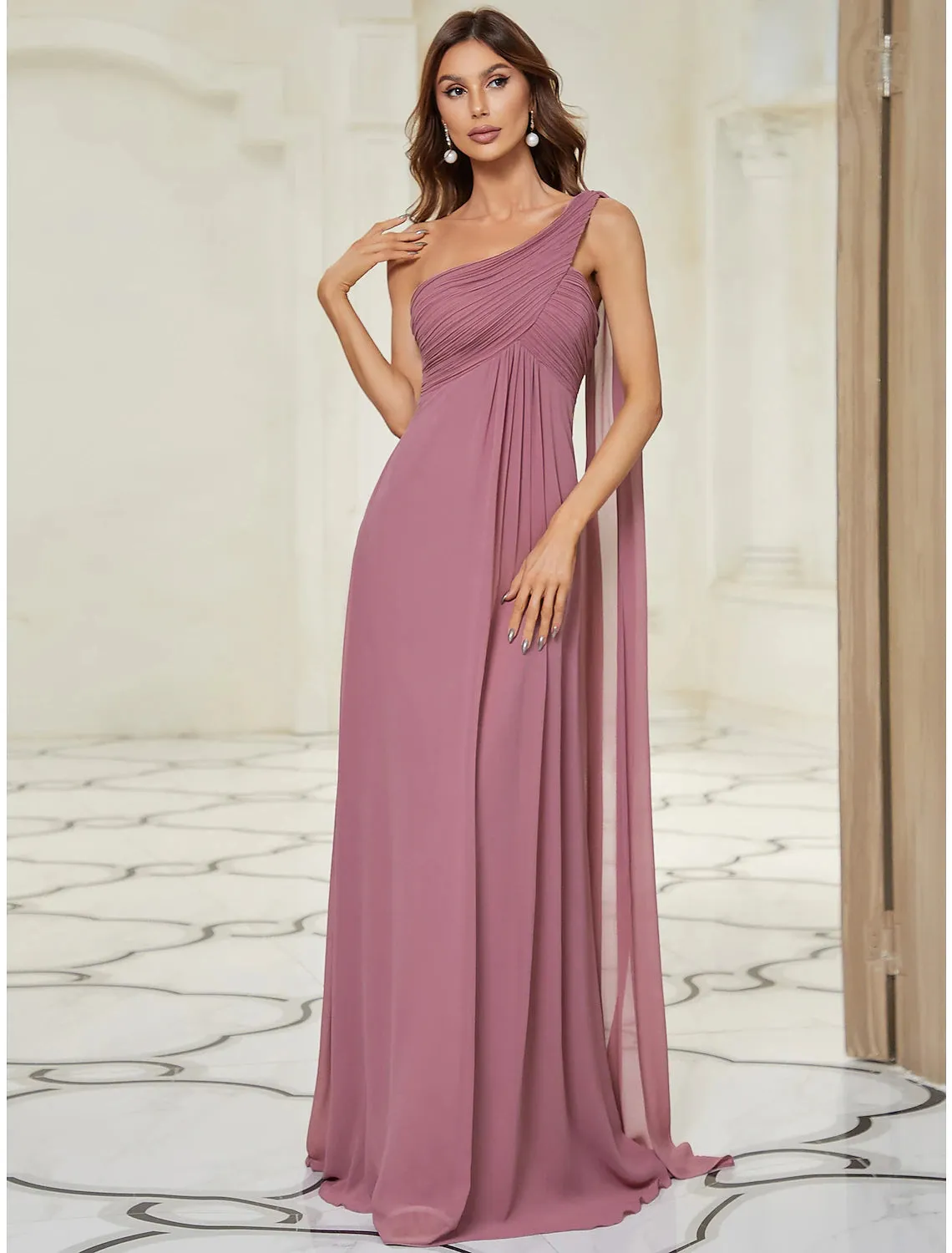 A-Line Evening Gown Empire Dress Formal Evening Floor Length Sleeveless One Shoulder Bridesmaid Dress Chiffon Backless with Pleats Draping