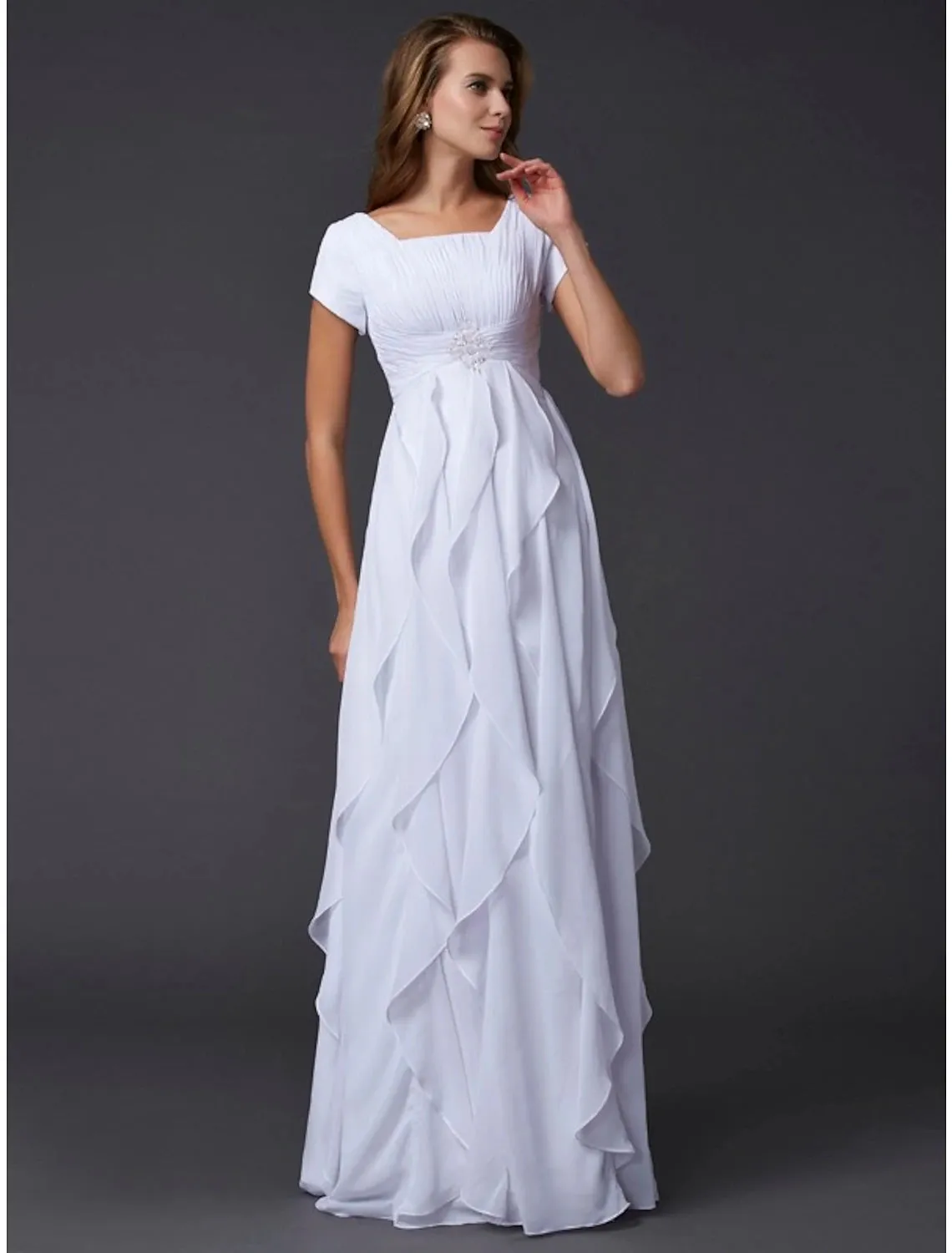 A-Line Evening Gown Minimalist Dress Wedding Guest Formal Evening Floor Length Short Sleeve Scoop Neck Chiffon with Tiered