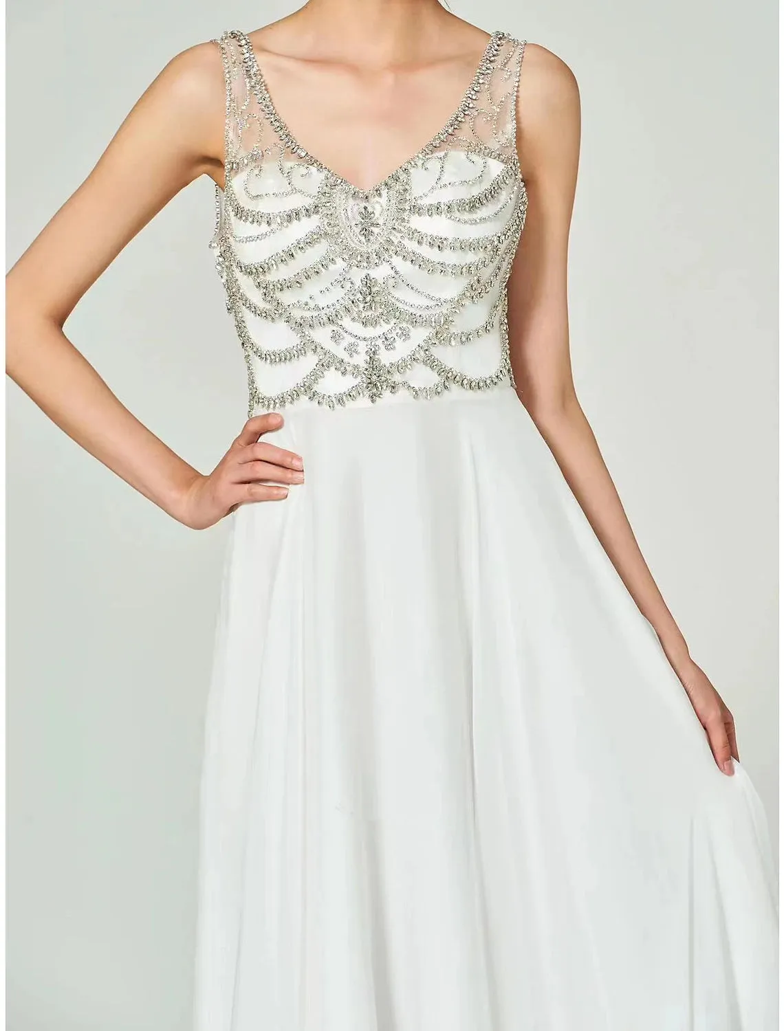 A-Line Evening Gown Open Back Dress Formal Floor Length Sleeveless V Neck Chiffon with Rhinestone