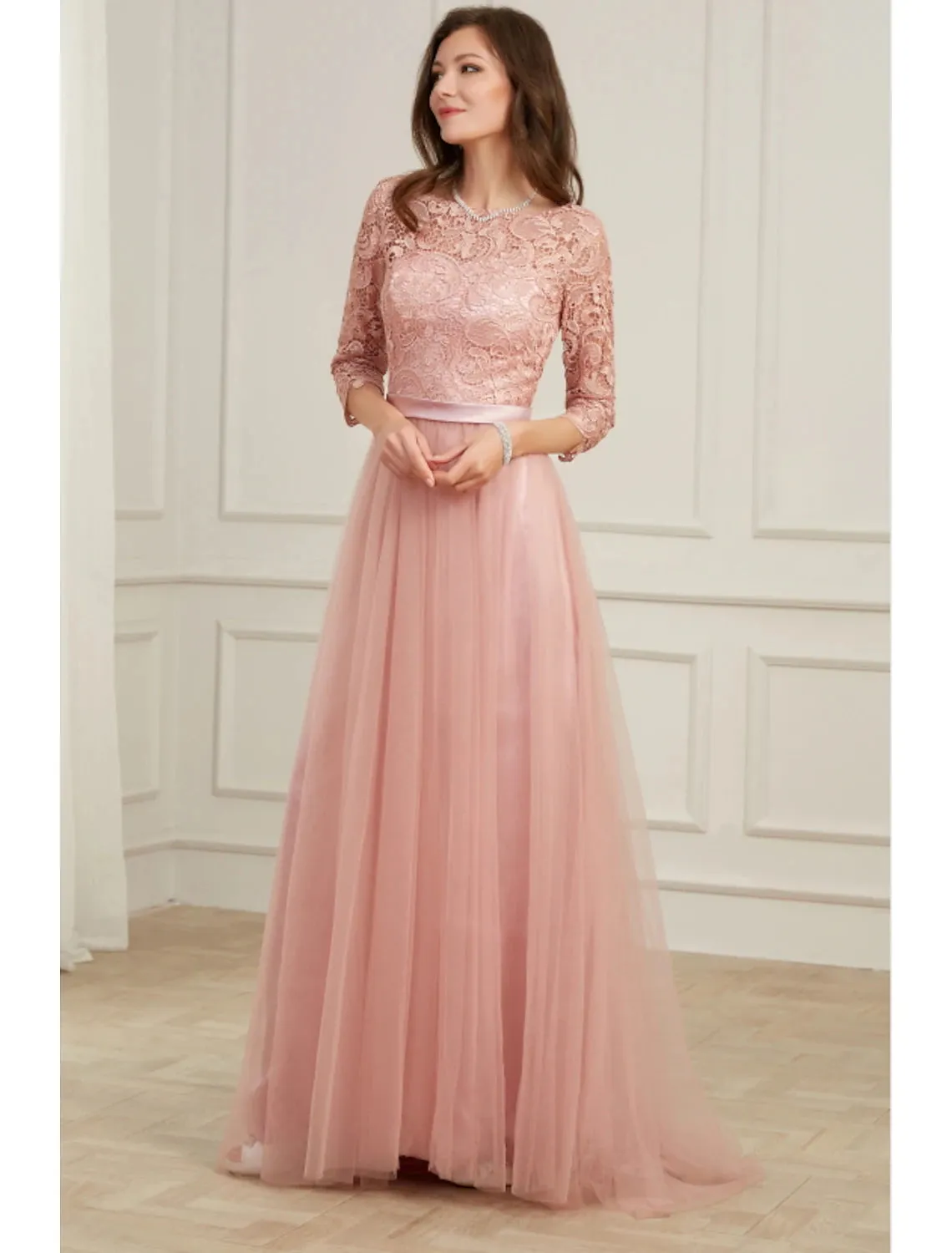 A-Line Evening Gown Spring Dress Party Wear Formal Evening Sweep / Brush Train Long Sleeve Jewel Neck Lace with Appliques