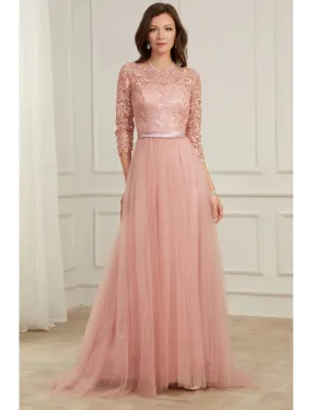 A-Line Evening Gown Spring Dress Party Wear Formal Evening Sweep / Brush Train Long Sleeve Jewel Neck Lace with Appliques