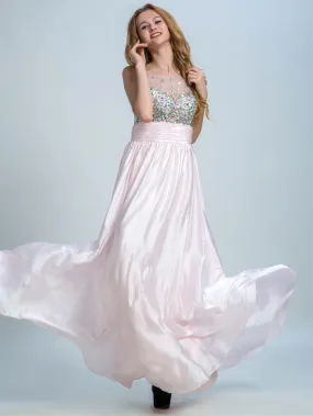 A-line Illusion Floor-Length Satin Rhine Stone Prom Dresses 2924