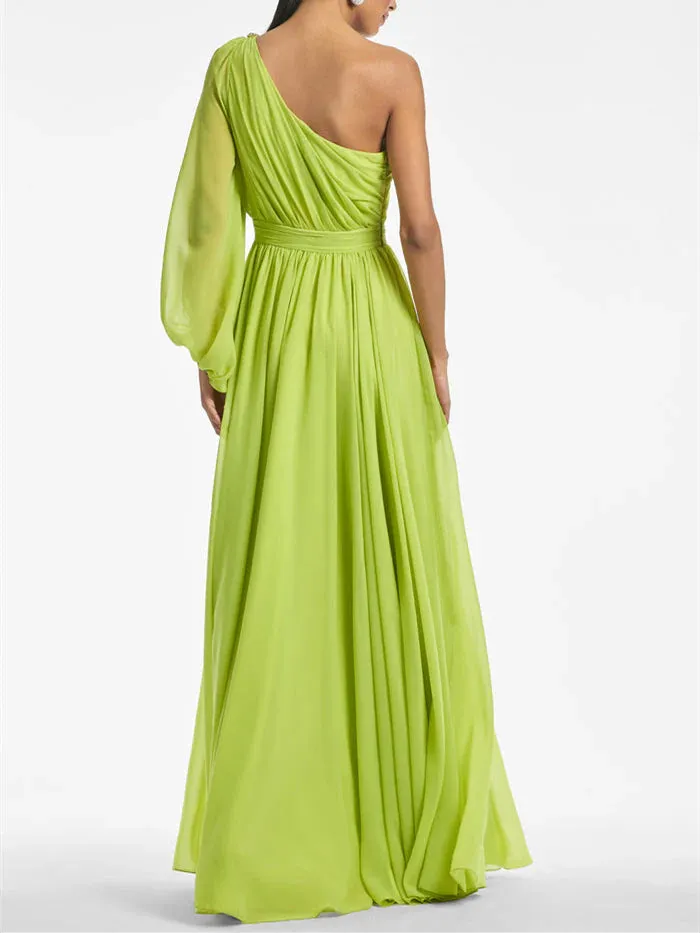 A Line One Shoulder Floor-Length Evening Dress with Ruffles