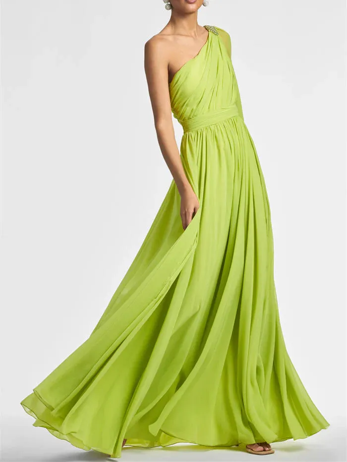 A Line One Shoulder Floor-Length Evening Dress with Ruffles