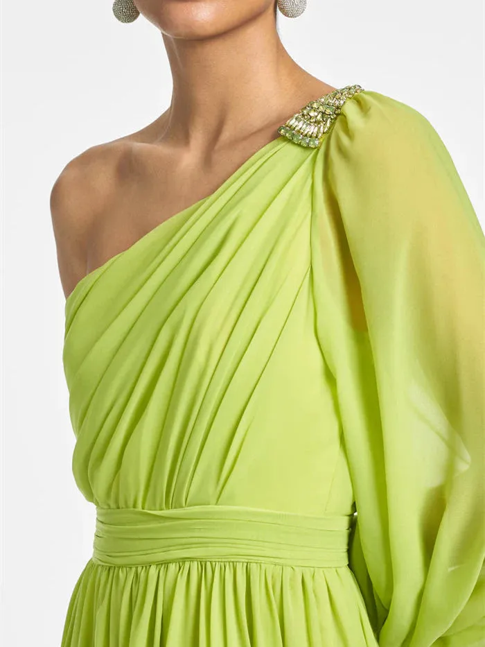 A Line One Shoulder Floor-Length Evening Dress with Ruffles