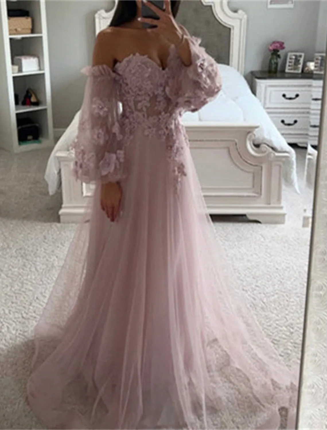 A-Line Prom Dresses Corsets Dress Formal Evening Party Court Train Long Sleeve Strapless Tulle with Appliques