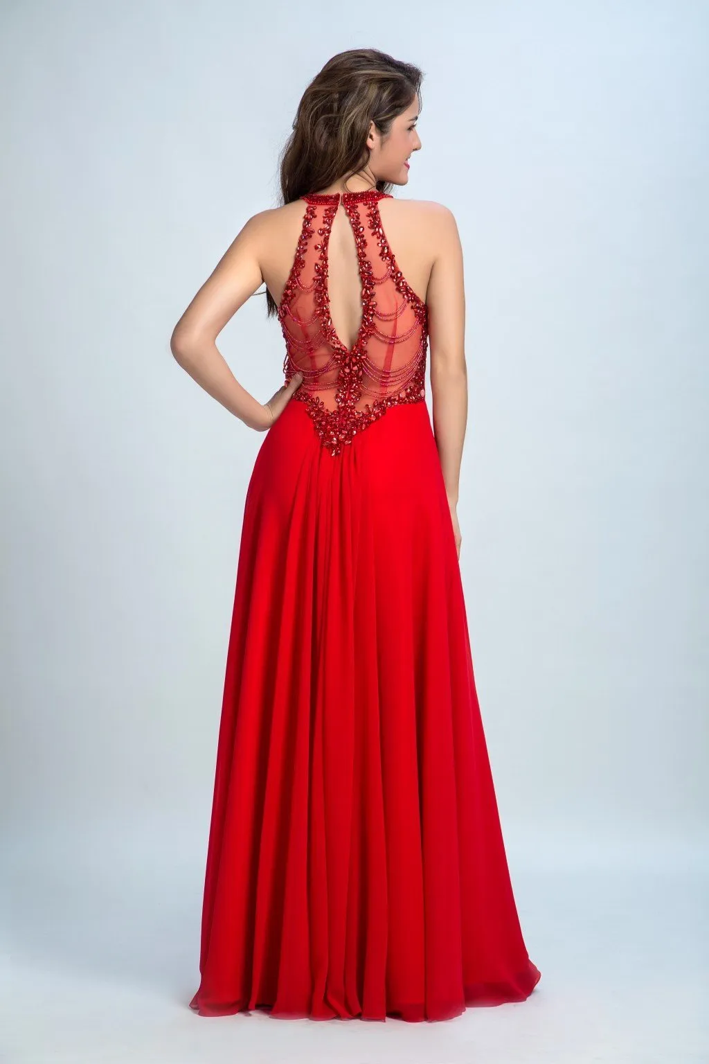 A-line Scoop-Neck  Floor-Length Chiffon Beaded Red Evening Dresses 2902