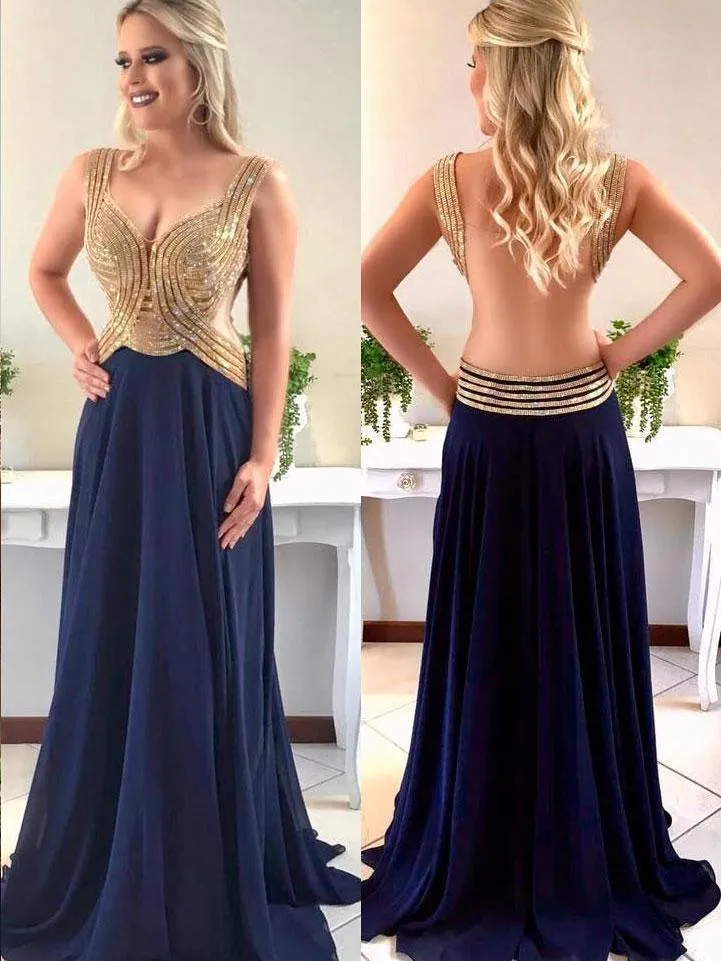 A-line V-Neck Sweep Train Chiffon Rhinestone Evening Dresses 2811