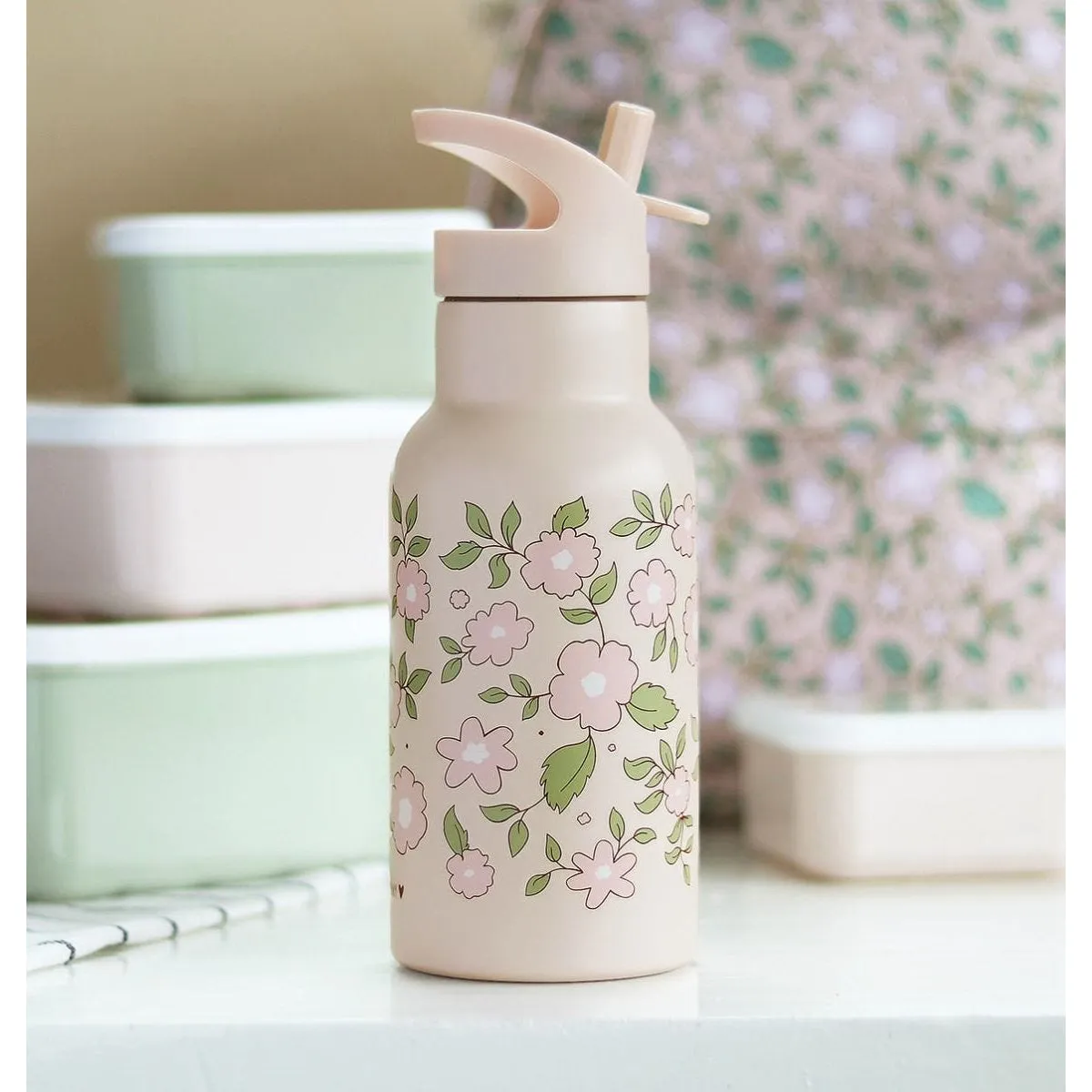 A Little Lovely Company Stainless Steel Drink Bottle: Blossoms Pink