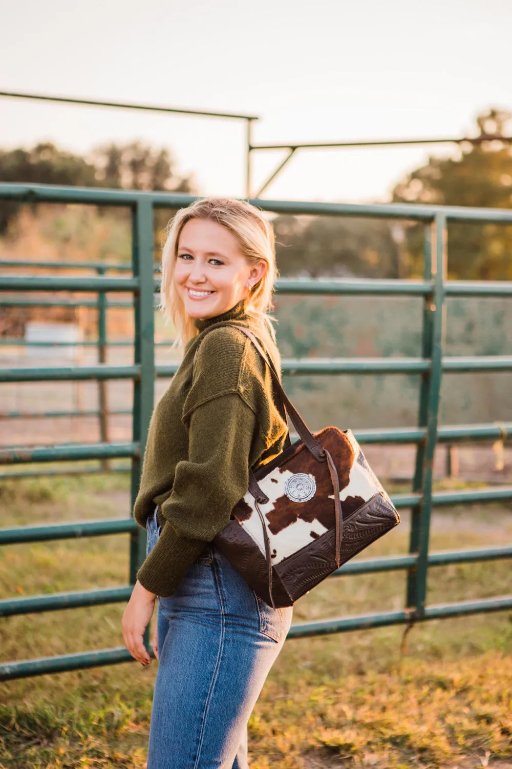 American West Womens Cow Town 11-Inch Cowhide Pony Hair-On Leather Shoulder Tote Bag