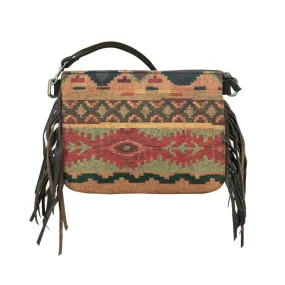 American West Womens Woven Tapestry Zip Top Green/Red Leather Crossbody Bag