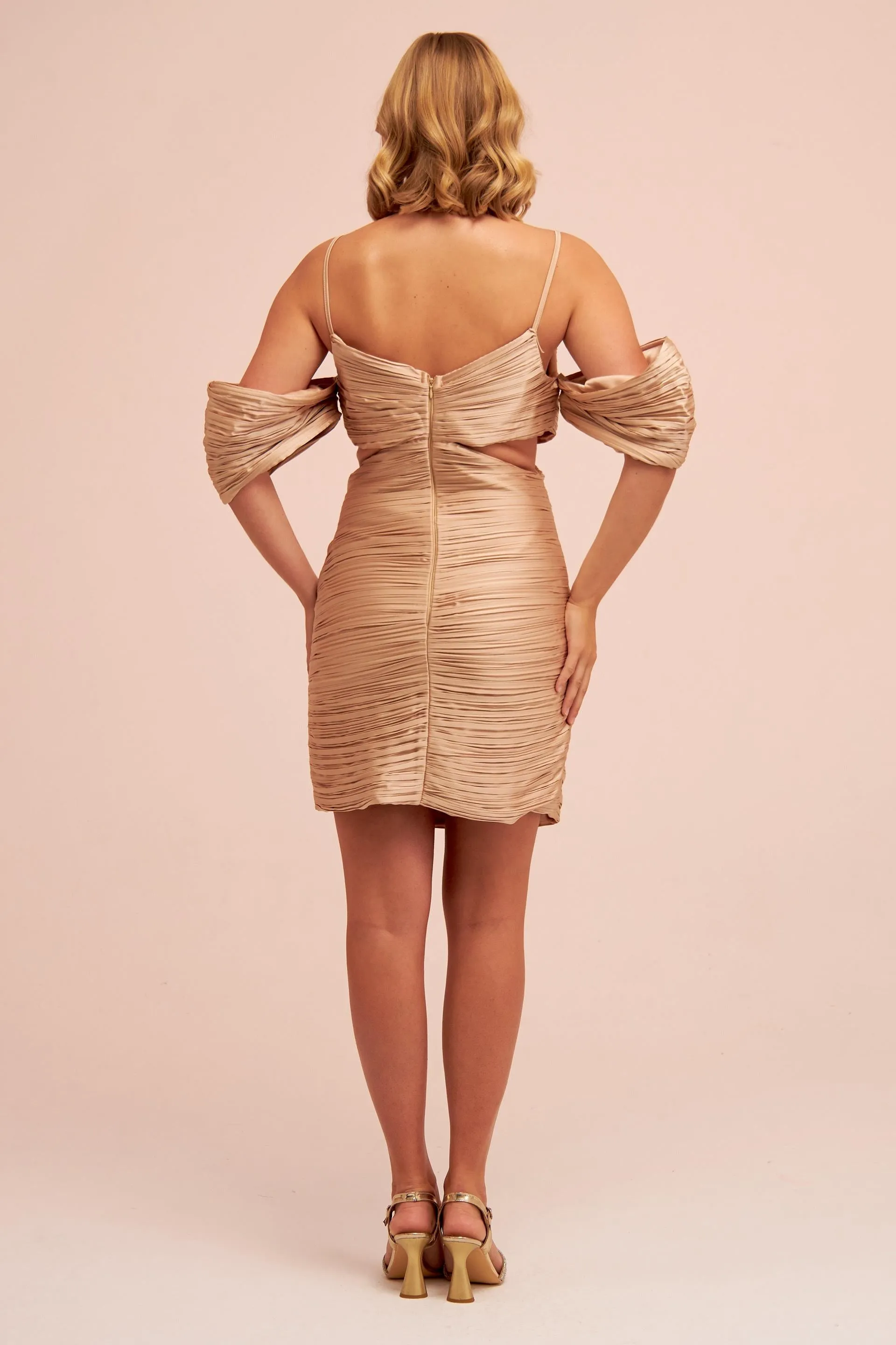 Angelino Beige Satin Strap Pleated Short Evening Dress