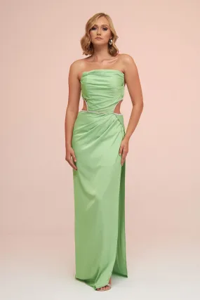 Angelino Pistachio Green Satin Strapless Long Evening Dress with Side Slit