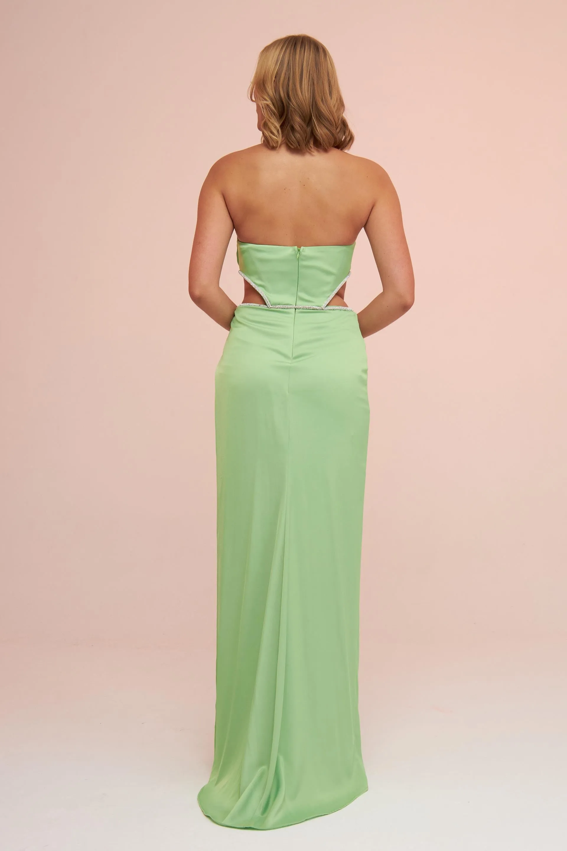 Angelino Pistachio Green Satin Strapless Long Evening Dress with Side Slit