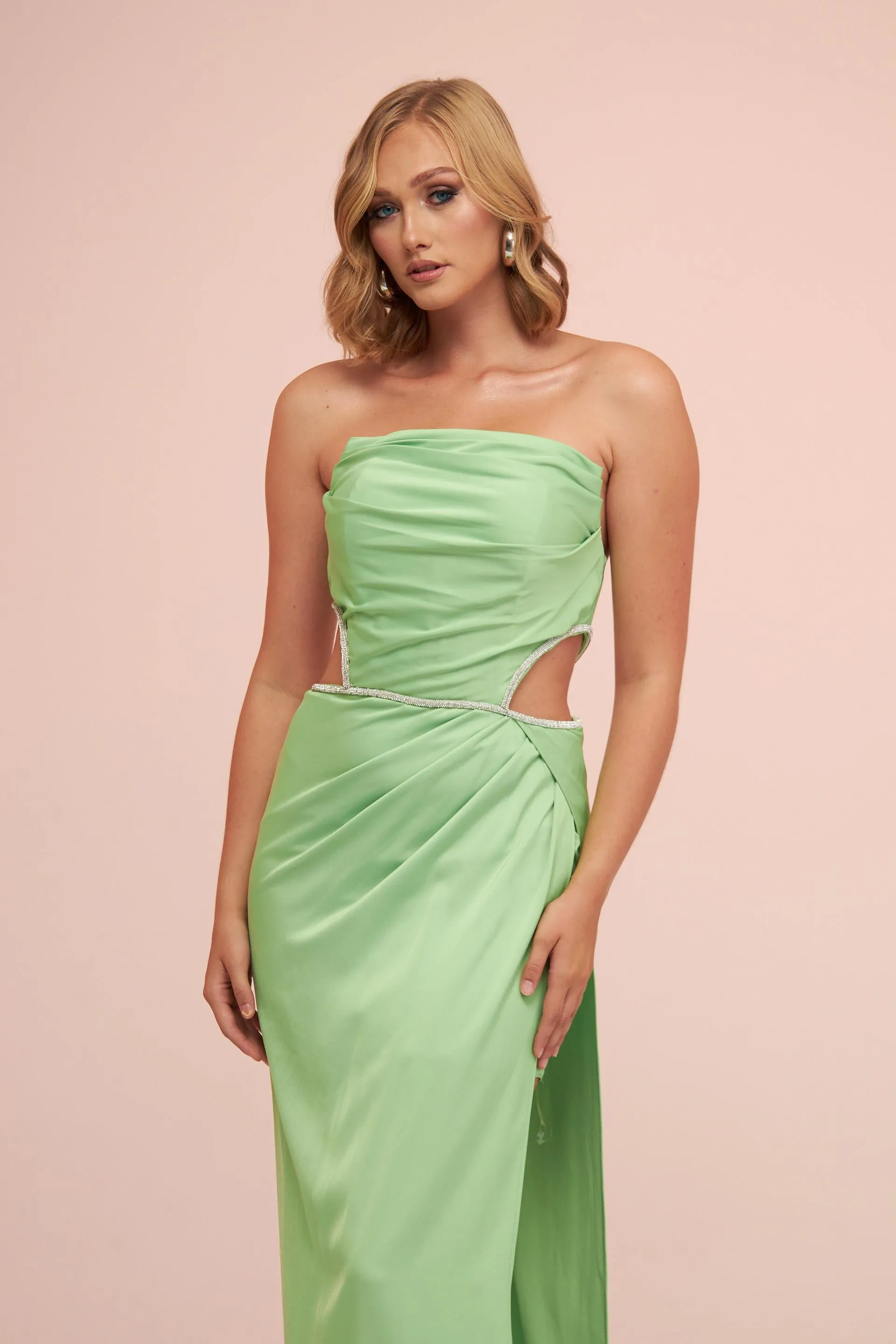 Angelino Pistachio Green Satin Strapless Long Evening Dress with Side Slit