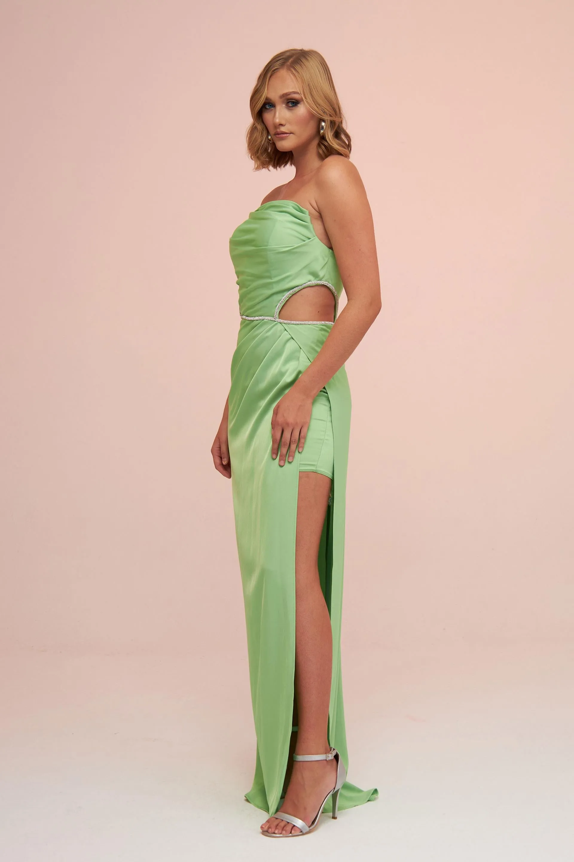 Angelino Pistachio Green Satin Strapless Long Evening Dress with Side Slit