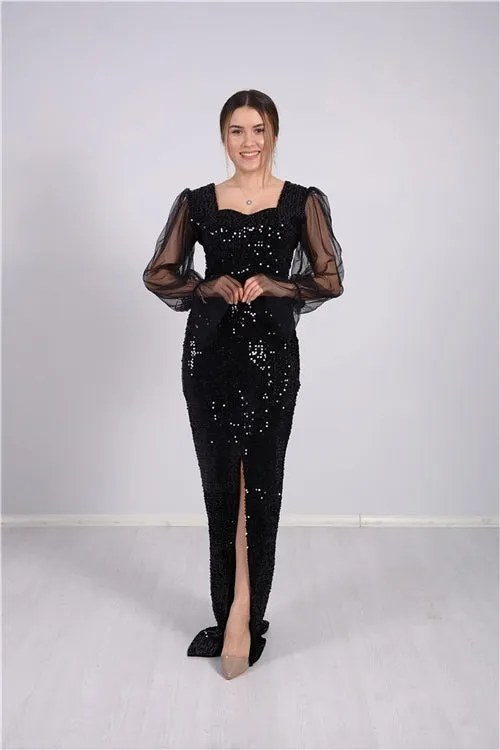 Arms Tulle Detailed Sequin Design Dress - Black