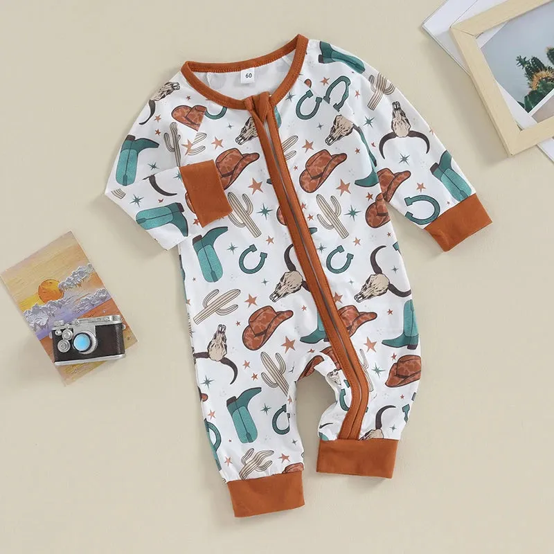 Baby Boys & Girls Western Zip Layette Romper - Highland Cow Cactus