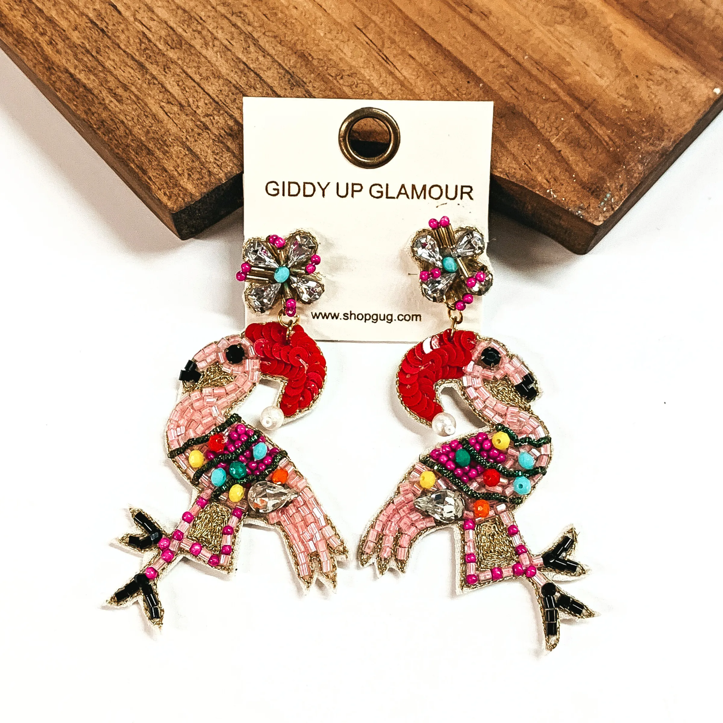 Beaded Christmas Flamingo Earrings with Santa Hat in Pink Mix