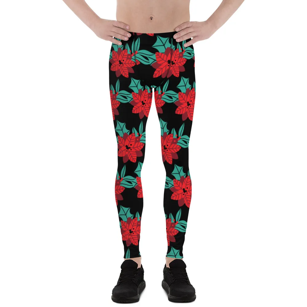 Black Christmas Floral Men's Leggings, Black & Red Xmas Flower Designer Men's Leggings-Made in USA/MX/EU