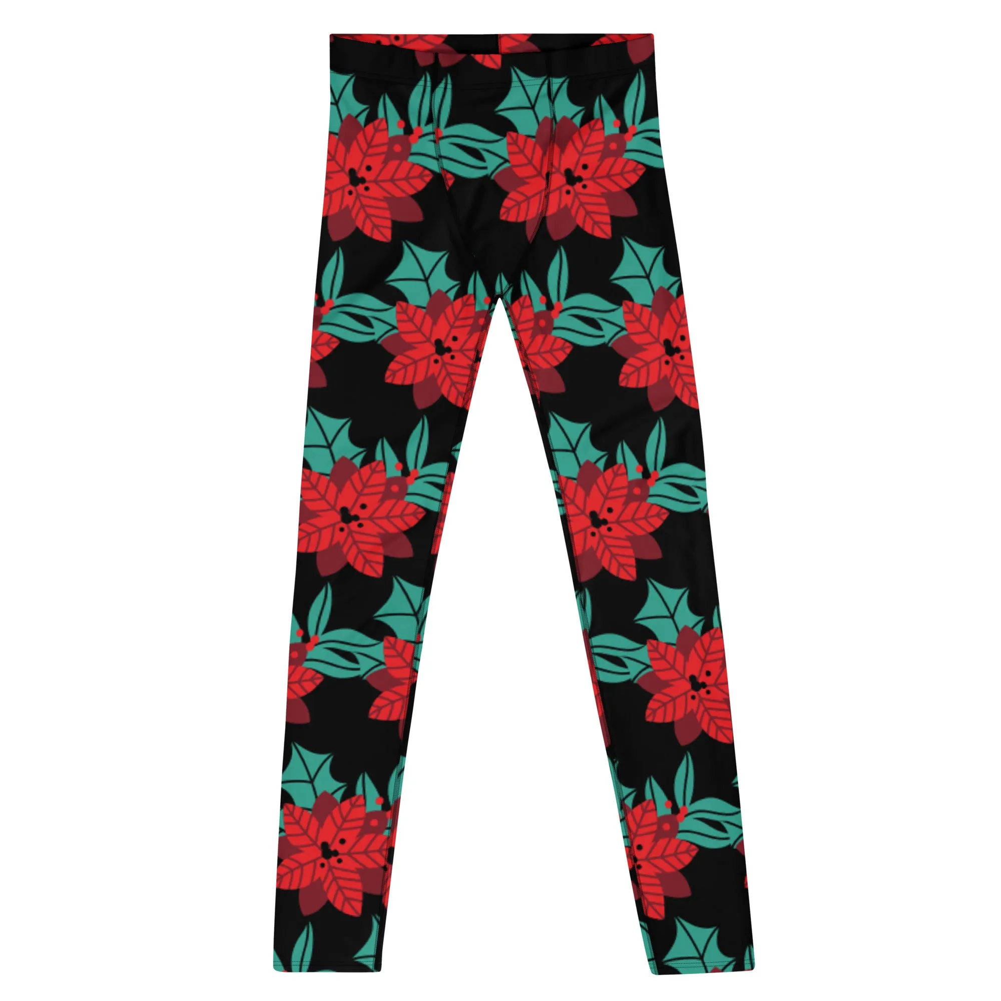 Black Christmas Floral Men's Leggings, Black & Red Xmas Flower Designer Men's Leggings-Made in USA/MX/EU