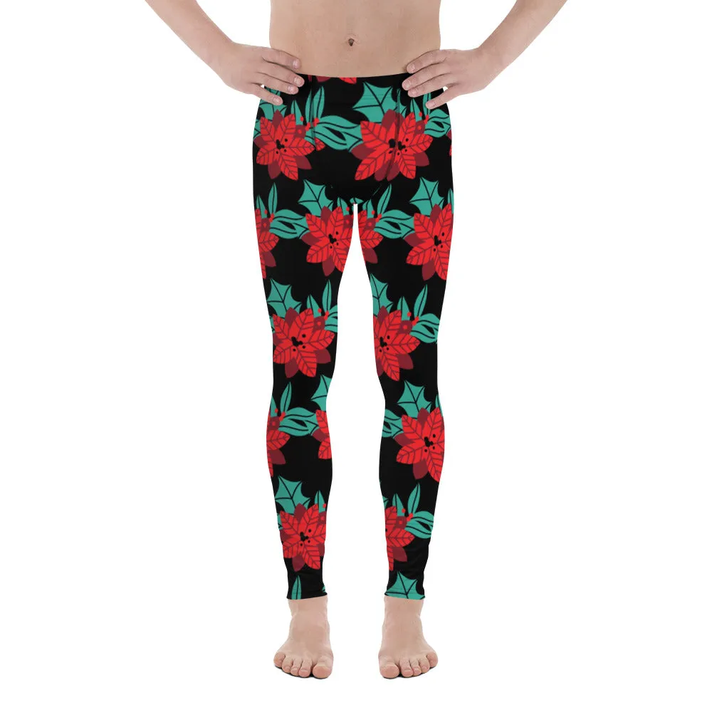 Black Christmas Floral Men's Leggings, Black & Red Xmas Flower Designer Men's Leggings-Made in USA/MX/EU