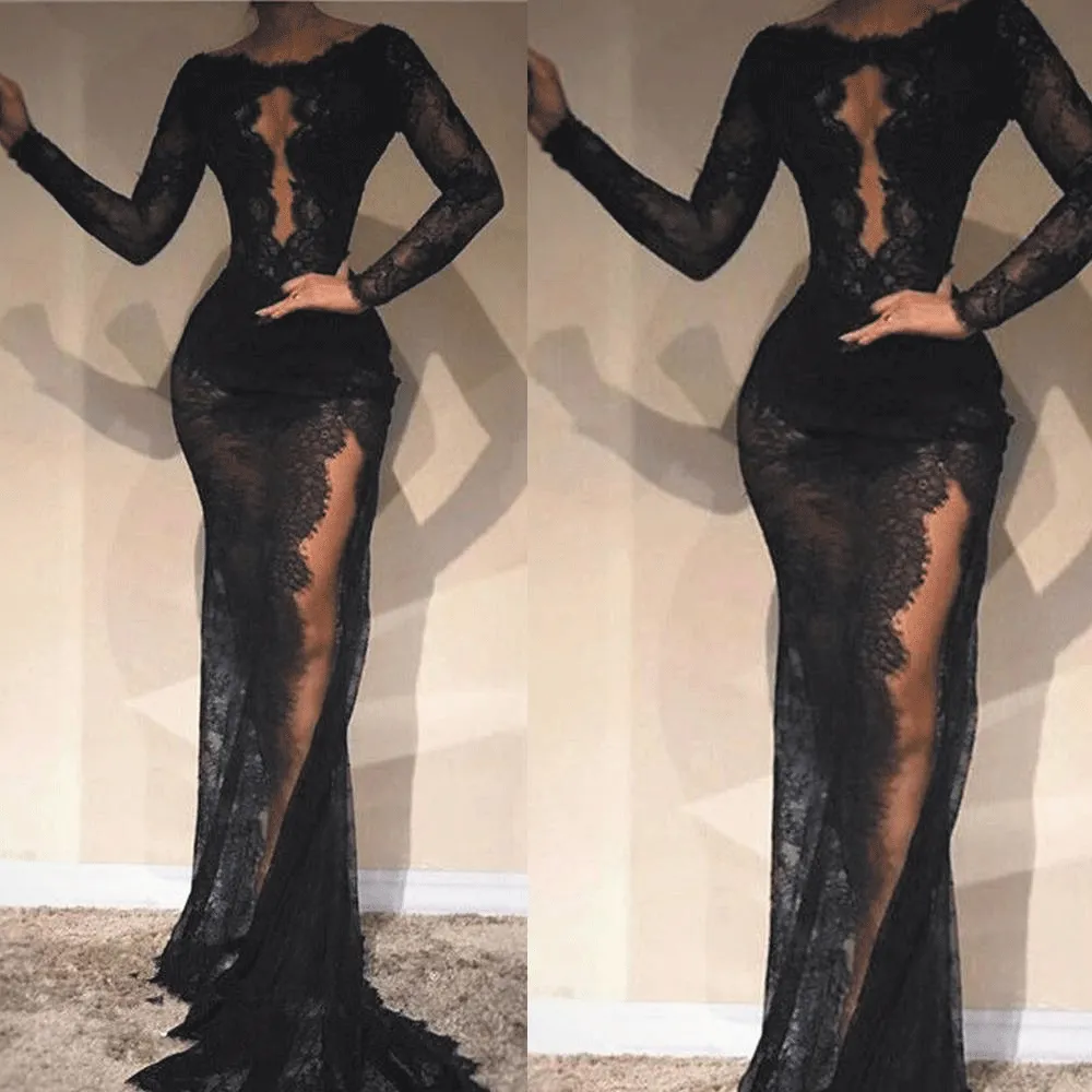 black lace evening dresses long sleeve mermaid modest sheer sexy formal dress vestido de Longo