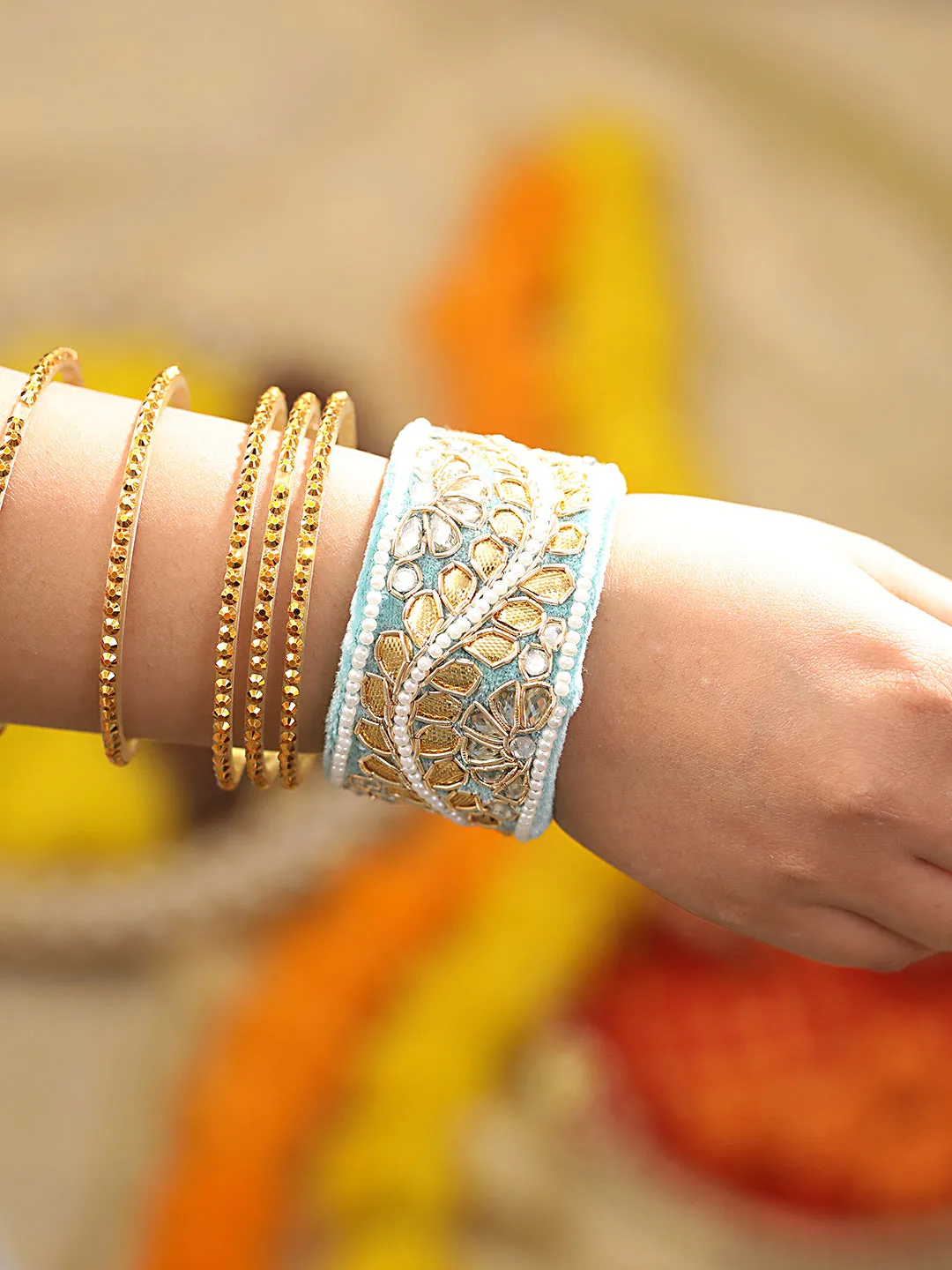 Blue & Gold Toned Beads Handwork Bangle Style Tassels Bhabhi Rakhi With Roli Chawal