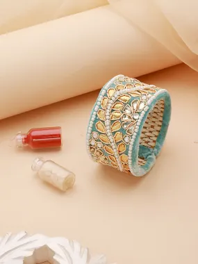 Blue & Gold Toned Beads Handwork Bangle Style Tassels Bhabhi Rakhi With Roli Chawal