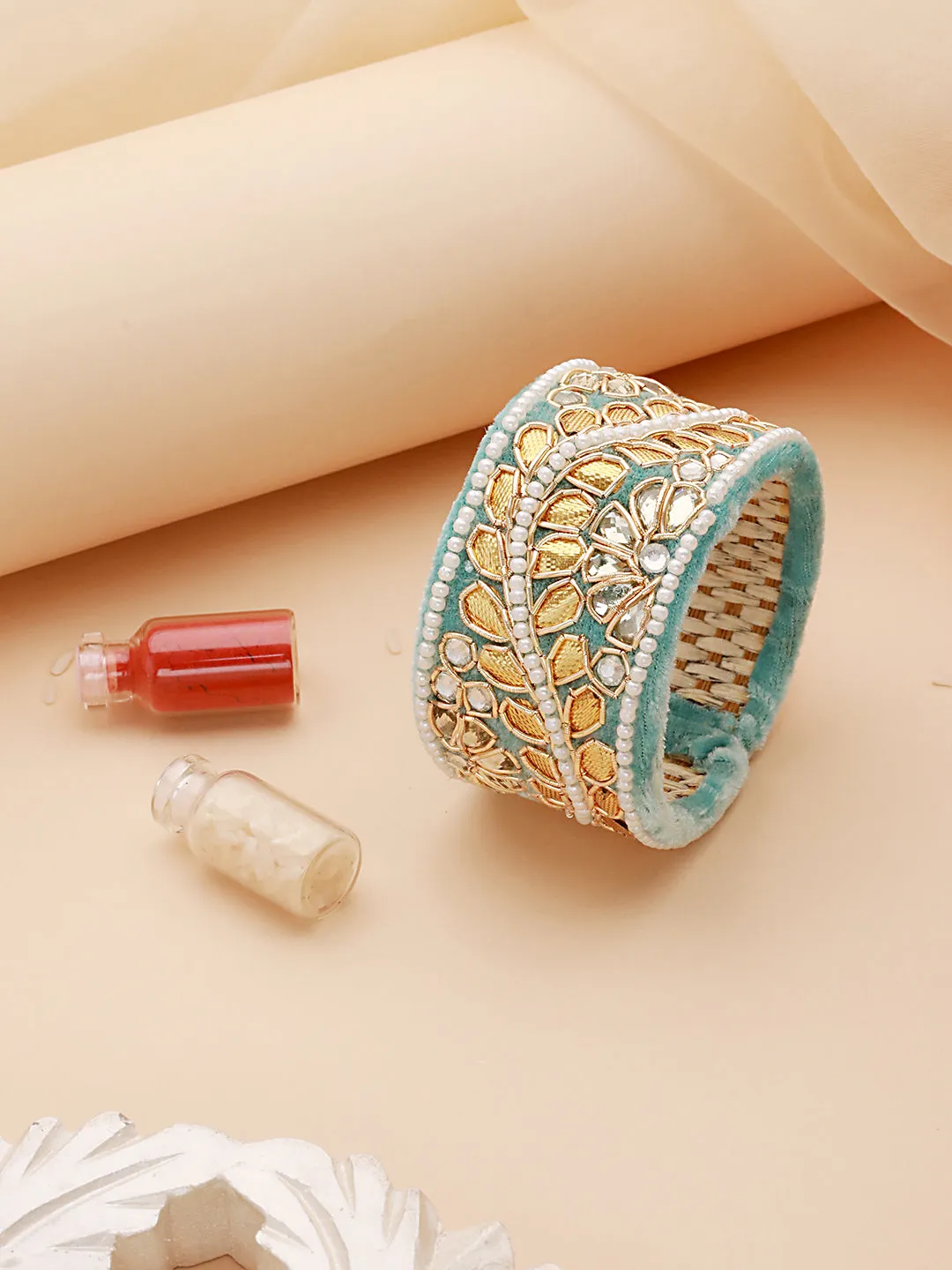 Blue & Gold Toned Beads Handwork Bangle Style Tassels Bhabhi Rakhi With Roli Chawal