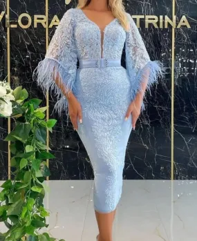 blue evening dresses 2022 feather lace applique mermaid elegant formal dress vestidos de fiesta 2023