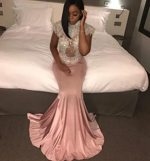 cap sleeve mermaid evening dresses long beaded crystal rose pink modest black girl evening gown