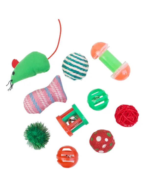 Cat Toys in Christmas Stocking - Set of 10