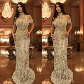 crystal evening dresses short sleeve beaded silver sparkly modest elegant formal evening gown 2021