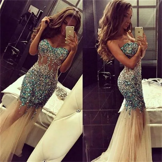 crystal sparkly evening dresses long champagne beaded sweetheart neck mermaid evening gown vestido de longo